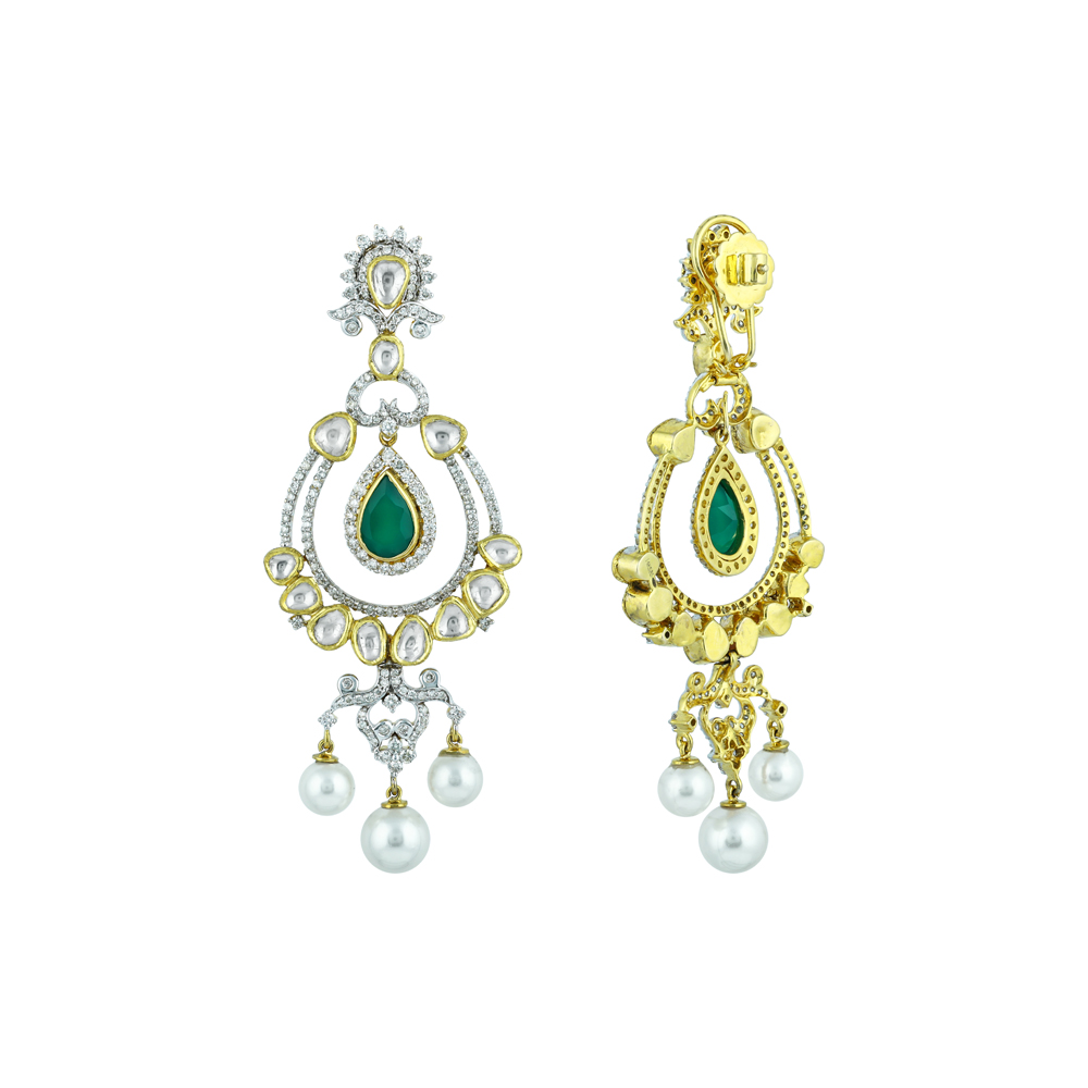 Polki Chandelier Earrings with Green Onyx Drops and Pearls